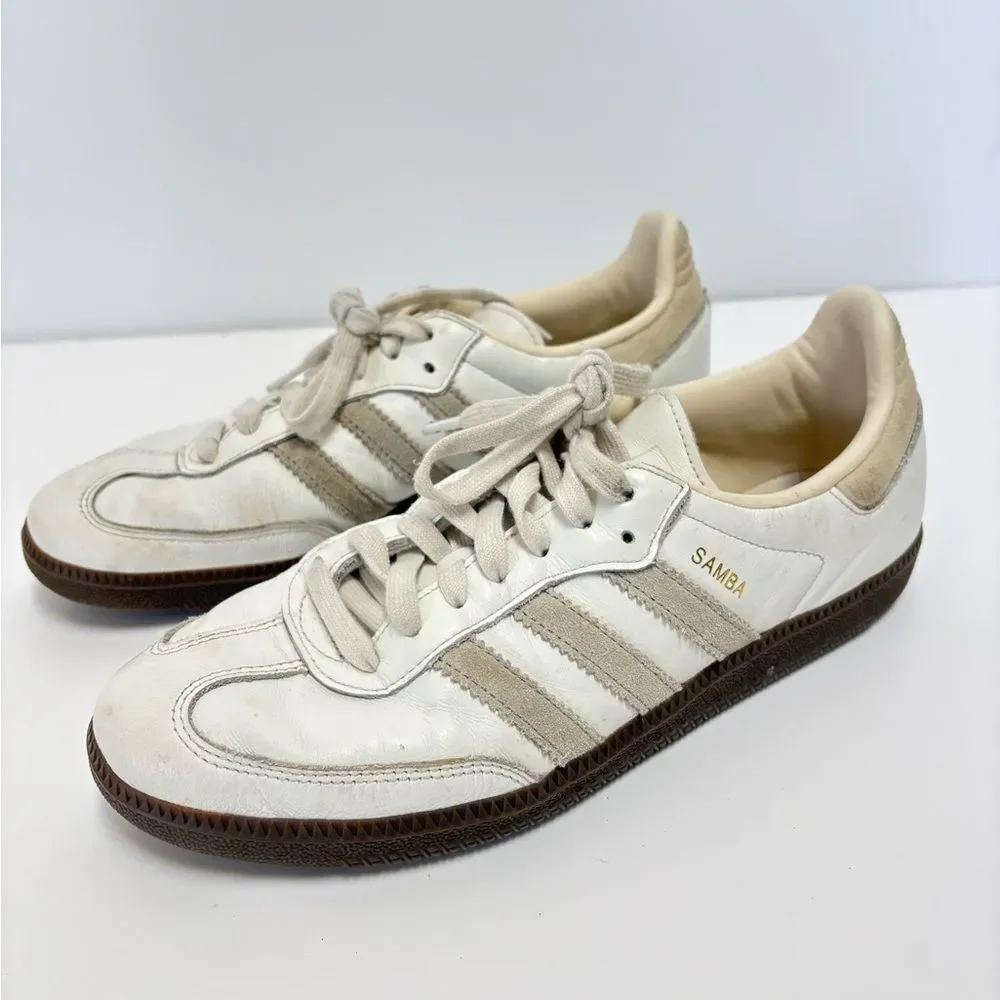 adidas Samba Leather White Brown Lace Up Rubber Outsole Womans Athletic Shoes8.5